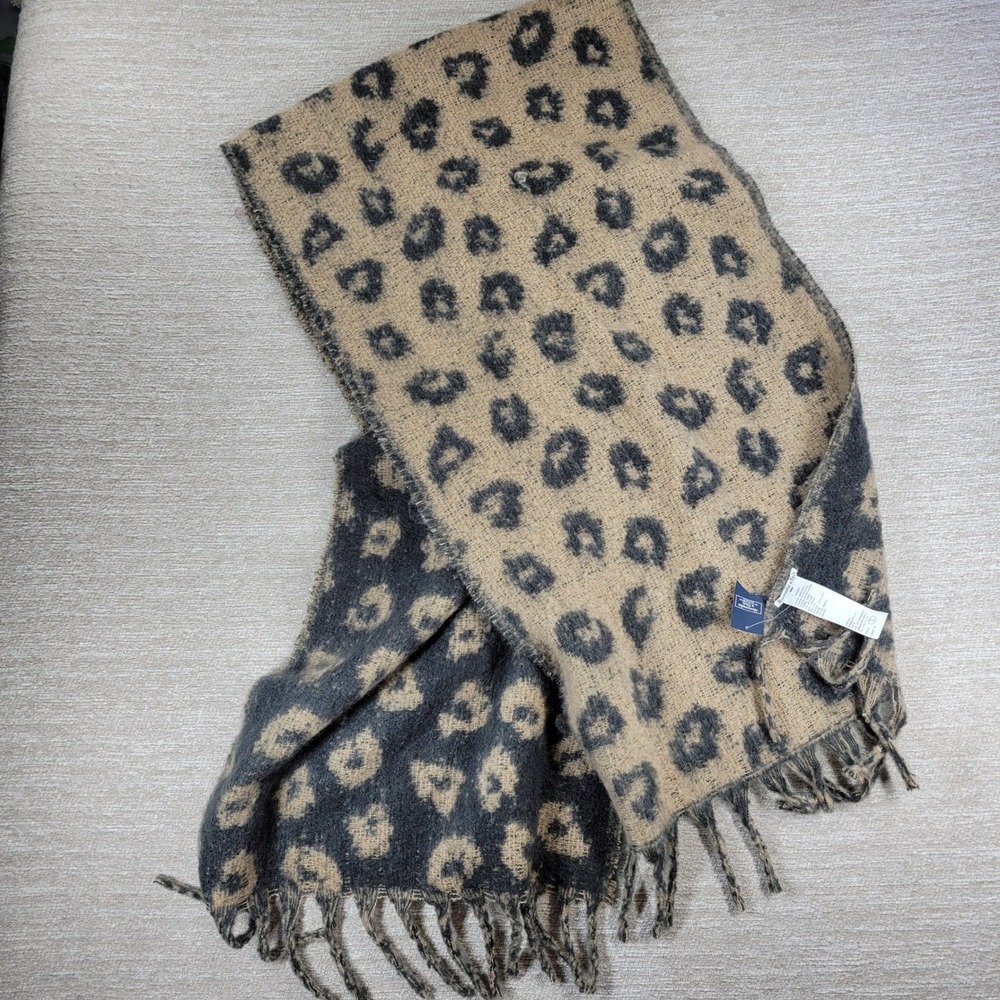 Abercrombie & Fitch Leopard Fringe Scarf Wide Black Tan Two Toned Animal Print